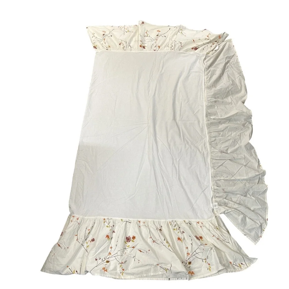 Crate & Barrel Queen Sakura Duvet & Bed Skirt Set White Earthy Botanical Print
